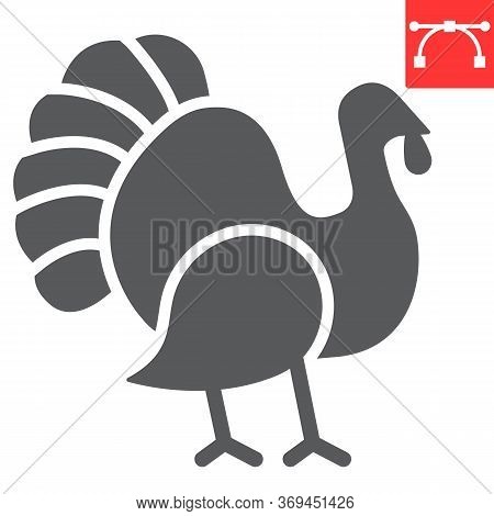 Turkey Bird Glyph Icon, Animal And Poultry, Turkey Animal Sign Vector Graphics, Editable Stroke Soli