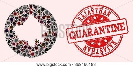 Vector Map Of Rajasthan State Collage Of Sars Virus And Red Grunge Quarantine Stamp. Infection Cells