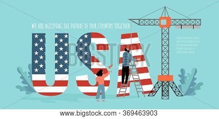 Conceptual Image With People Building Usa Letters With A Tower Crane. Symbol Of People's Participati
