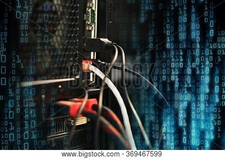 Computer Data Transfer Into Desktop Pc By Internet Lan Line. Double Exposure Shot Of Backside Of A C