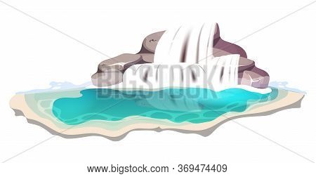 Jungle Cartoon Vector Illustration. Clear Waterfall. Clean Water Flowing Between Rock. Rainforest En