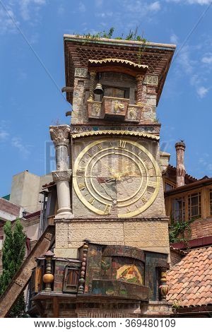 Tbilisi, Georgia - July 27, 2014: Beautiful Clock Tower Of Puppet Theater Rezo Gabriadze In Historic