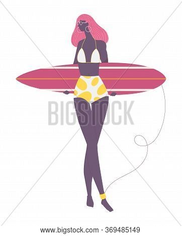 Flat Female Surfer Character In White Swimsuit Beachwear With Surfboard In Hands. Vector Young Woman
