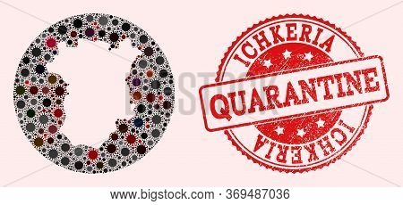 Vector Map Of Ichkeria Collage Of Coronavirus And Red Grunge Quarantine Seal. Infection Cells Attack