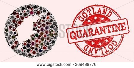 Vector Map Of Gotland Island Collage Of Coronavirus And Red Grunge Quarantine Seal Stamp. Infection 