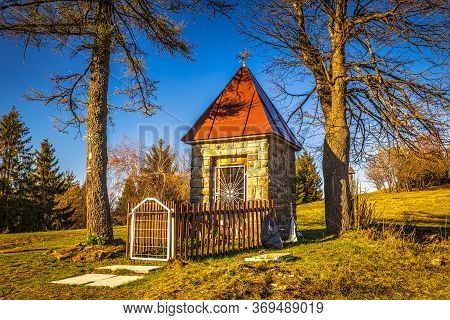 Landscape With Chapel Above The Dlhe Pole Village At Kysuce Region In The North Of Slovakia, Europe.