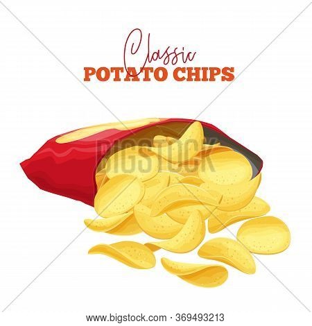 A Bunch Of Potato Chips Spilled Out Of The Package. Crispy Snack, Potato In The Form Of Crispy Plate
