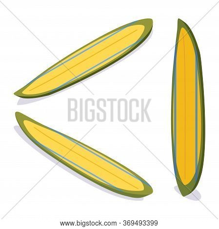 Set Of Standing And Lying Down Isometric Gun Surfboard In Yellow And Green In Various Foreshortening