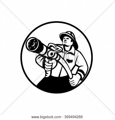 Black And White Illustration Of An American Fireman Firefighter Or Fire And Emergency Worker Aiming 