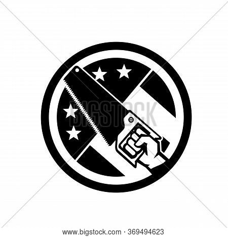 Black And White Illustration Of An American Carpenter, Handyman Or Construction Worker Hand Holding 