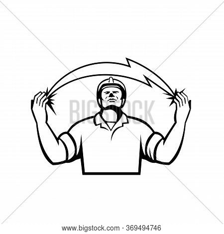Black And White Illustration Of An Electrician Looking Up And Hands Raised With Lightning Bolt Comin