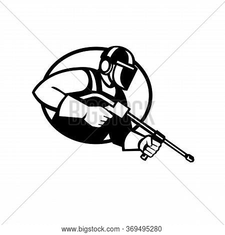 Black And White Illustration Of A Worker With Water Blaster Pressure Power Washing Sprayer Spraying 