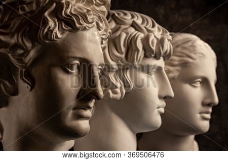Group Gypsum Busts Of Ancient Statues Human Heads For Artists On A Dark Background. Plaster Sculptur