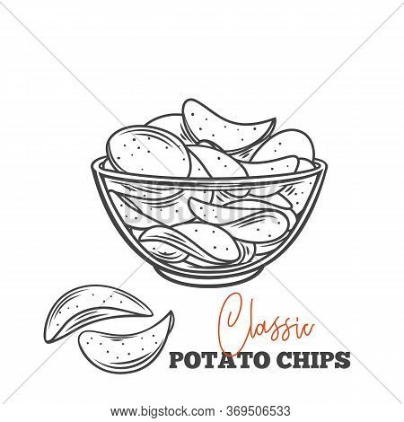 Bowl Of Potato Chips Outline Vector Illustration. Crispy Snack, Potato In The Form Of Crispy Plates 