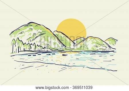 Landscape Vector Sketch Color Illustration With Mountains, Lake, Boat And Beach At Sunset. Summer Ba