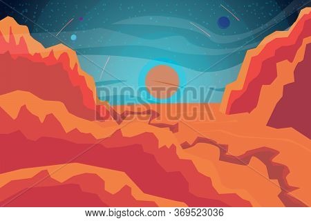Cosmic Landscape, Mountain View And Rising Star, Simple Flat Vector Illustration.