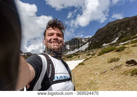 Ordino, Andorra : 2020 May 29 : Young Man In The Beautiful View Hiking In The Andorra Pyrenees Mount