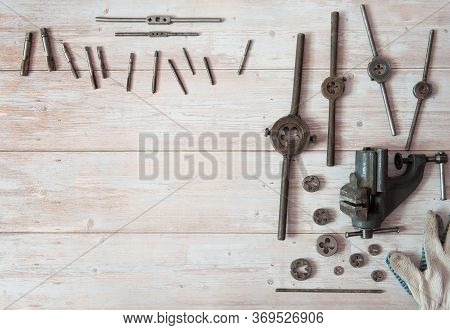 Old Equipment For Manual Cutting Of External And Internal Threads. Locksmith Vises, Dies And Taps Of
