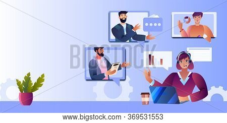 Online Training Concept With Female And Male Characters, Home Plants, Messages, Gears And Laptop. Vi