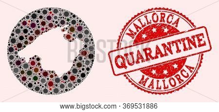 Vector Mallorca Map Collage Of Flu Virus And Red Grunge Quarantine Seal. Infection Cells Attack The 