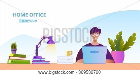 Home Office Banner With Attractive Female Character, Laptop, Home Plants, Books, Papers, Coffee Cup,