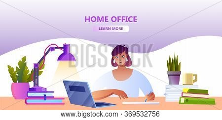 Home Office Banner With Attractive Female Character, Laptop, Home Plants, Books, Papers, Coffee Cup,