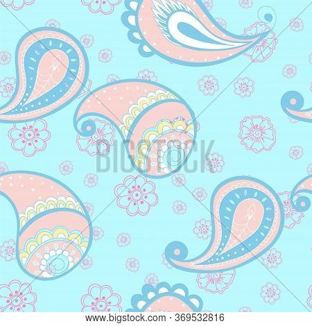 Blue Leaf Indian Vector Seamless Pattern. Beautiful Floral Wallpaper. Lace Abstract Print. Pink And 