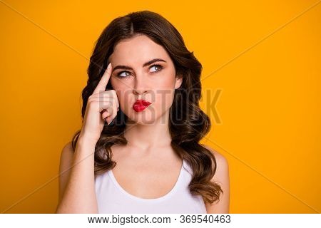 Closeup Photo Of Pretty Intelligent Wavy Lady Red Lips Look Minded Empty Space Remember Historic Dat