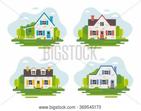 Set Of 4 Cute Houses In Flat Style, Vector Illustration, Real Estate, Housing, Renting, Investment, 