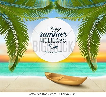 Summer Holidays Background. Tropical Paradise Beach With White Sand, Coco Palms And A Fishing Boat. 