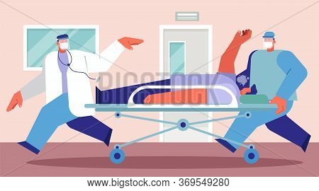 Emergency Case For Coronavirus Critical Patient On Stretcher Concept, Doctor With Medical Team Ridin