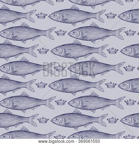 Herring fish seamless pattern background. Vintage engraving stylized drawing. 