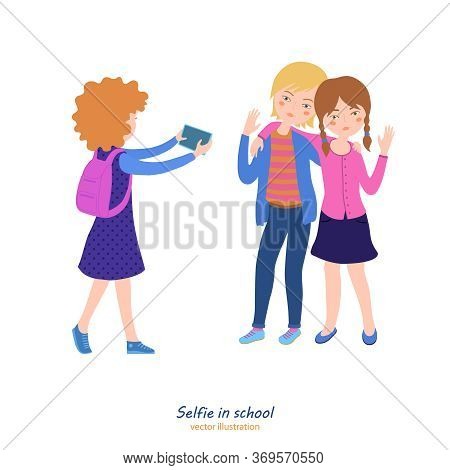 Girls Making Selfies. Teenager Behavior Concept. School Relationships. Best Friends. Editable Vector
