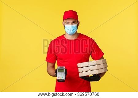 Food Delivery, Tracking Orders, Covid-19 And Self-quarantine Concept. Courier In Red Uniform Cap And