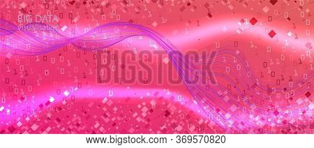 Binary Code Vector Landing Page. Matrix Flying Binary Code. Blue Pink Purple Background. Geometric F