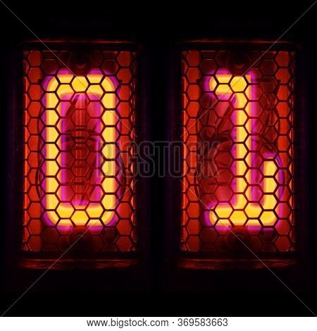 The Nixie Tube Indicator Of The Numbers Of Retro Style. Indicator Glow With A Magical Purple Fringin