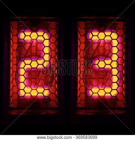 The Nixie Tube Indicator Of The Numbers Of Retro Style. Indicator Glow With A Magical Purple Fringin