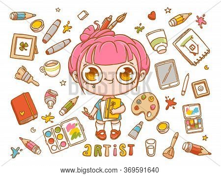 Cute Little Chibi Artist Girl With Her Tools: Pencil, Tablet, Brush, Paints, Palette, Sketchbook. Ve