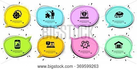 Parking Garage, Graph Phone And Strategy Signs. Chat Bubbles With Quotes. Settings Gears, Time Manag