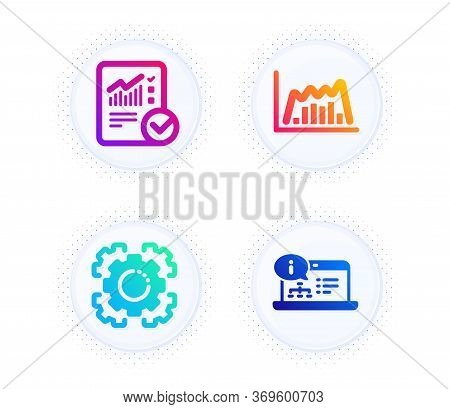 Seo Gear, Checked Calculation And Infographic Graph Icons Simple Set. Button With Halftone Dots. Onl