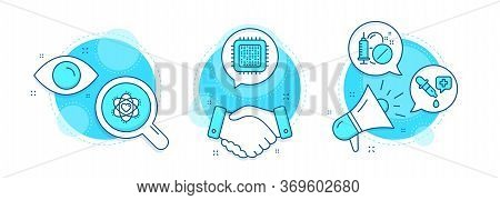 Chemistry Pipette, Atom And Medical Drugs Line Icons Set. Handshake Deal, Research And Promotion Com