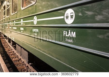 Flam, Norway, May 2015: Exterior Of A Flamsbana (flam Line) Train Carriage, A Long Railway Line Betw
