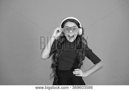 Enjoying Music Playing On Dj Party. Funny Child In Party Glasses. Time For Having Fun. Modern Kid En