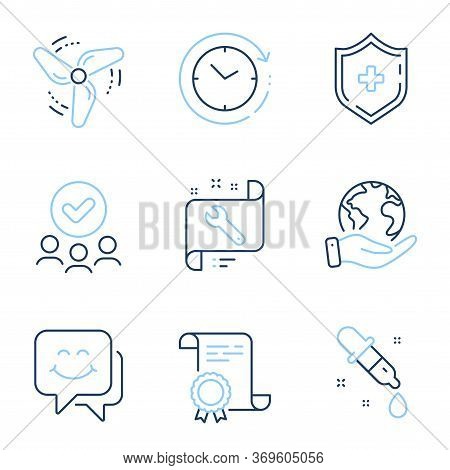 Chemistry Pipette, Spanner And Medical Shield Line Icons Set. Diploma Certificate, Save Planet, Grou