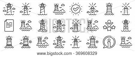 Searchlight Tower With Seagull For Marine Navigation Of Ships. Lighthouse Line Icons. Sea Pharos, Li
