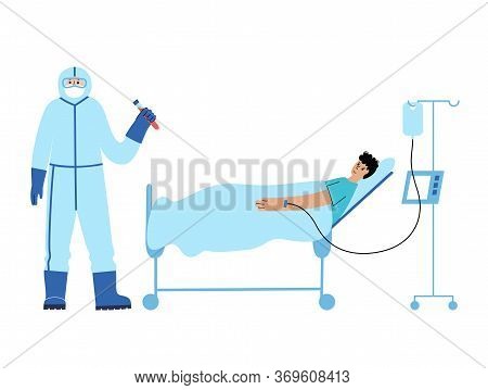 Doctor Epidemiologist Virologist In Protective Suit Take Care About Patient Ward In Bed. Injection O