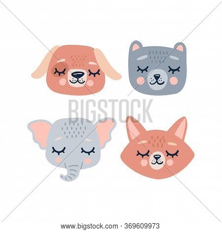 Cute Animals Heads With Closed Eyes. Cute Cartoon Funny Character. Pet Baby Print Collection. Scandi