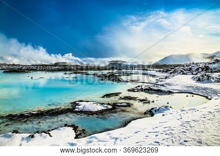 Aerial view of The Blue Lagoon, a geothermal bath resort and one of the most visited places in the south of Iceland. Grindavik, Iceland.