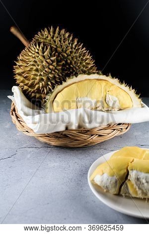 Close Up Durian The King Of Fruit In Thailand On Wooden Basket.summer Tropical Thai Traditional Frui