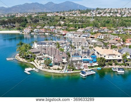 Aerial View Of Lake Mission Viejo, With Recreational Facilities, Surrounded By Private Residential A